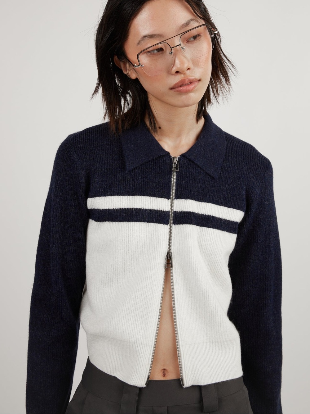 Oak + Fort Colour Block Zip Collar Cardigan
